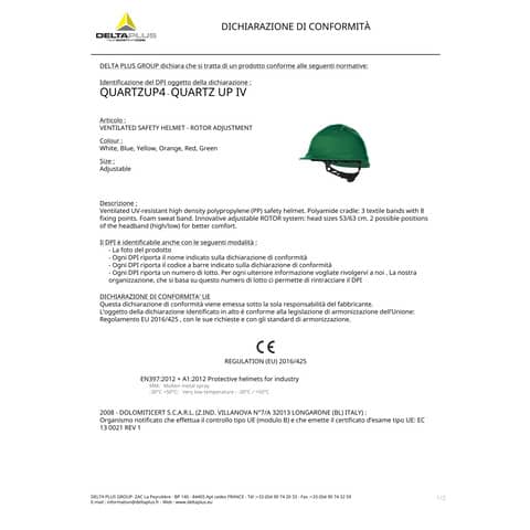 Elmetto da cantiere Quartzup Delta Plus 4 ventilato - polipropilene bianco - QUARUP4BC